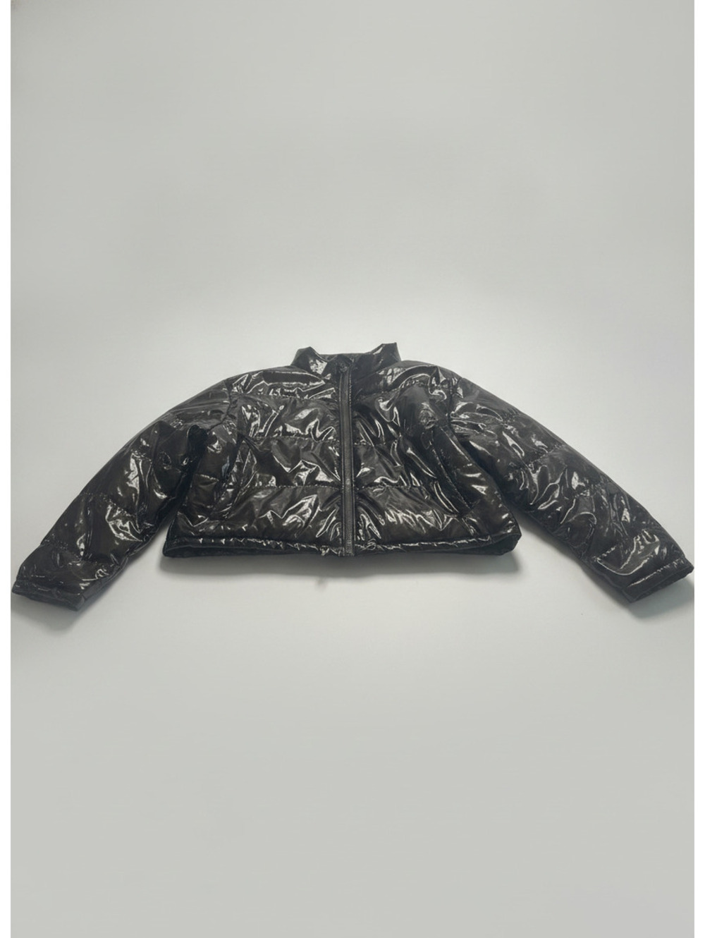 Y2K Daisy Black Glossy Crop Puffer Jacket Women’s 3X Cropped Patent Look Zip Up